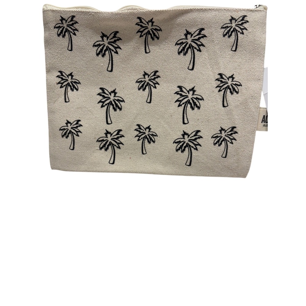 AOA Studio Canvas Makeup Bag Palm Tree Print Beige Black Zipper Pouch BOHO NEW